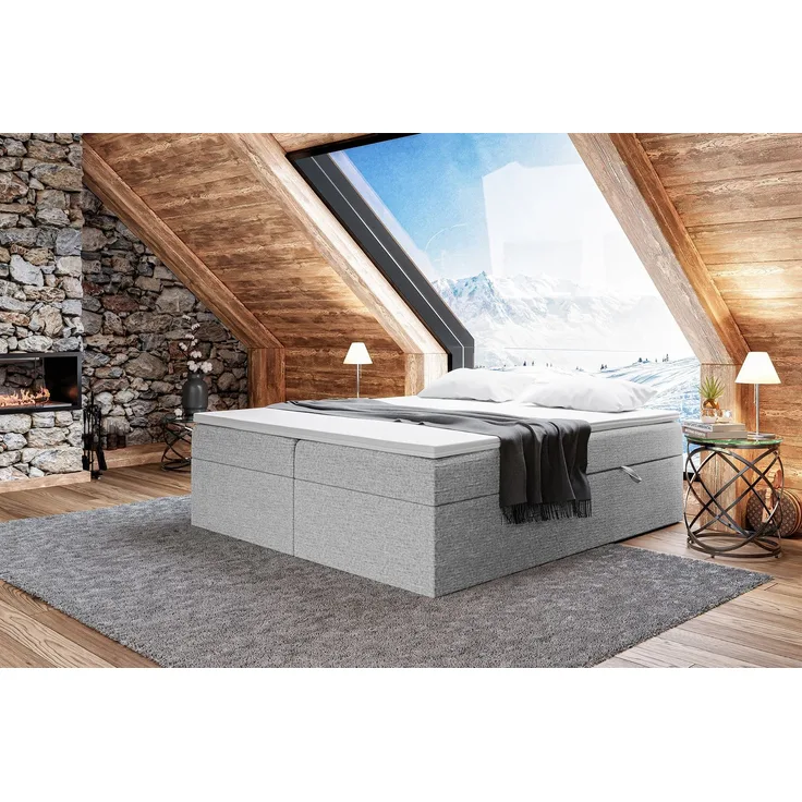 MEBLINI Boxspringbett LIONEL 200x200cm - H4/Grau Webstoff - mit Bettkasten - Gepolstert Doppelbett mit Matratze und Topper - Polsterbett mit Stauraum - Bett ohne Kopfteil - Stauraumbett