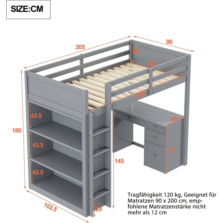 Hochbett 90x200 cm mit Aufbewahrung und Schreibtisch – modulares Massivholz-Design,Grau,platzsparend – Bild 5