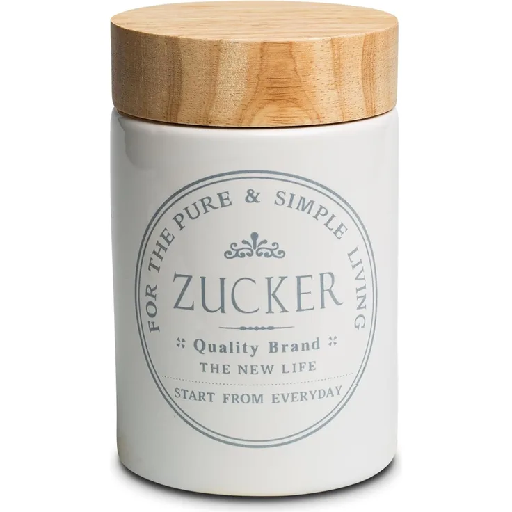 KHG Vorratsdose für Zucker aus Steinzeug mit Akazienholz‑Deckel – im Landhausstil, Steingut, Aufbewahrungsdose für Zucker, schützt Aroma da luftdicht verschließbar