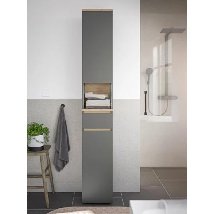 moebel-dich-auf Hochschrank LONDRES (Hochschrank mit Türen, Schublade und offenem Fach, B/H/T: 30/190/30 cm) in kaschmir oder anthrazit, Absetzung: Cremona Eiche – Bild 5