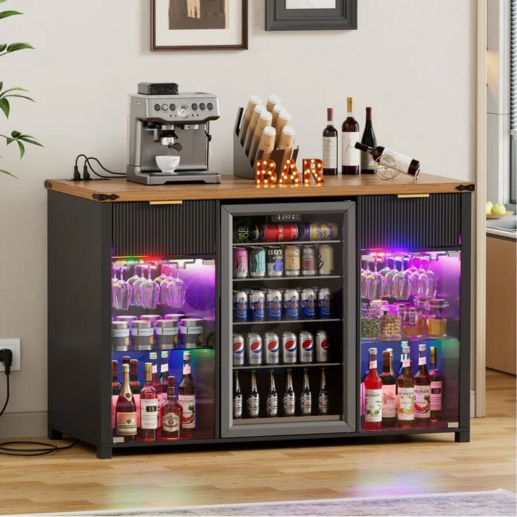 PEALOV Barschrank 3-in-1 Barschrank mit LED, Weinregal und Steckdosen, 135 x 50 x 98 cm (1-St) Buffetschrank mit Stauraum für Mini-Kühlschrank, Küche & Wohnzimmer
