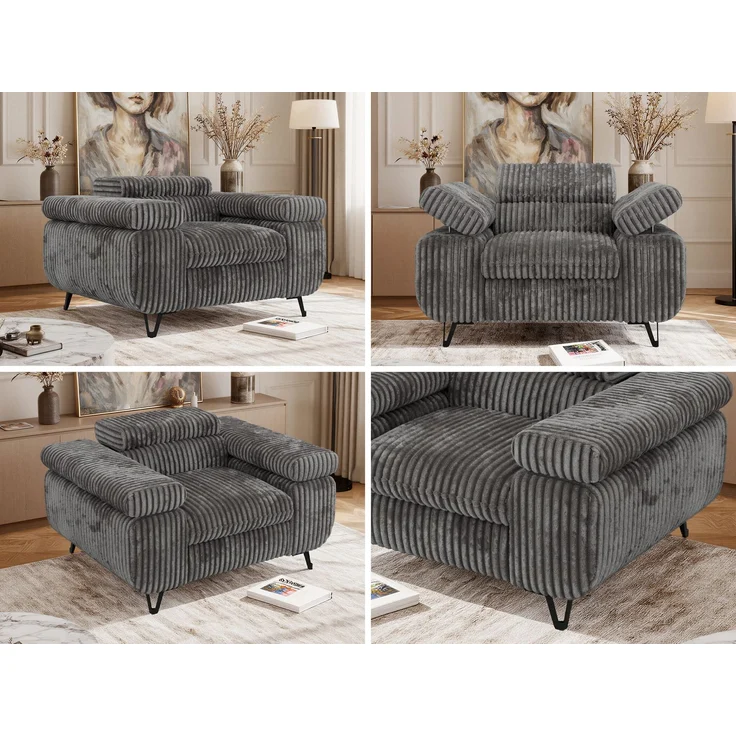 Einzelsessel, Polstersessel PETER mit verstellbaren Armlehnen und Kopfstütze, 1-Sitzer Sofa, Ohrensessel, Wellenfeder - Grau Cord – Bild 2