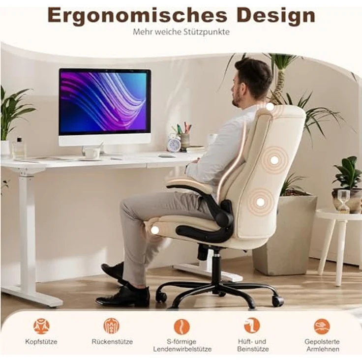 DUMOS Bürostuhl Pu-Leder Chefsessel mit Hochklappbaren Armlehnen Bürostuhle Leder mit Drehbaren Rädern Office Chair Ergonomic Geeignet für Büros Zuhause und Andere Umgebungen – Bild 4