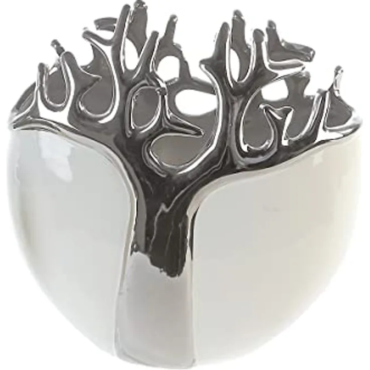 GILDE Vase Tree, Keramik in weiß mit silbernem Baumdesign, Dekovase, 21 cm Höhe, wasserdicht