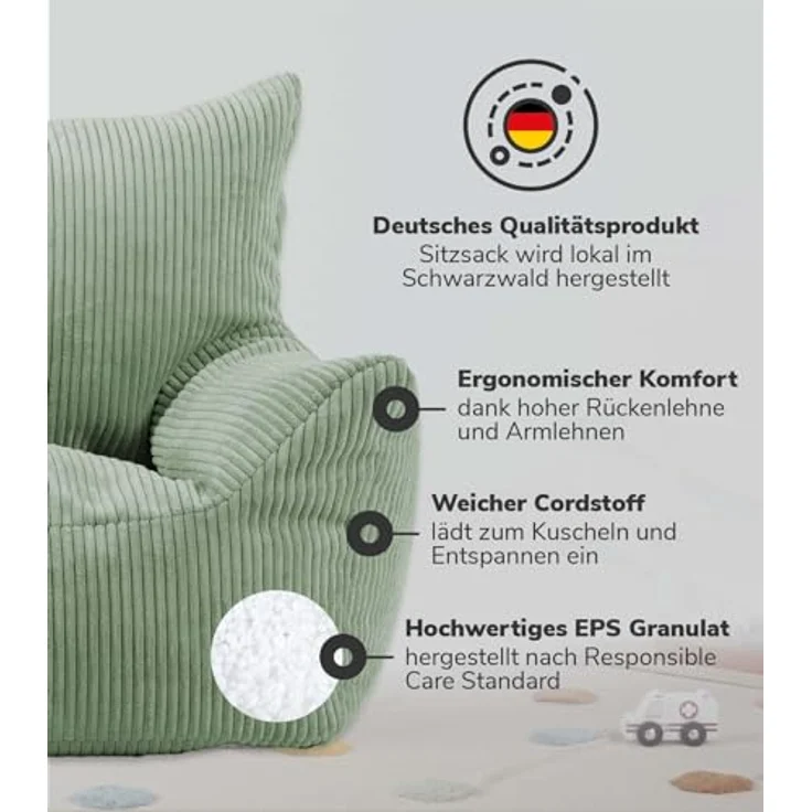 mokebo Kindersessel aus Cord Der Pausenheld, ergonomischer Kindersitzsack in Grün mit erhöhter Rückenlehne für Kinder von 2 bis 6 Jahren – Bild 2