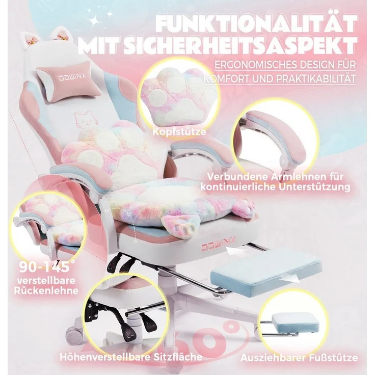 Dowinx Gaming-Stuhl Niedlich mit Katzenohren, Pfoten-Lendenkissen und Sitzkissen, (Packung), Ergonomischer Computerstuhl mit Fußstütze, PC-Spiele-Stuhl für Mädchen – Bild 3