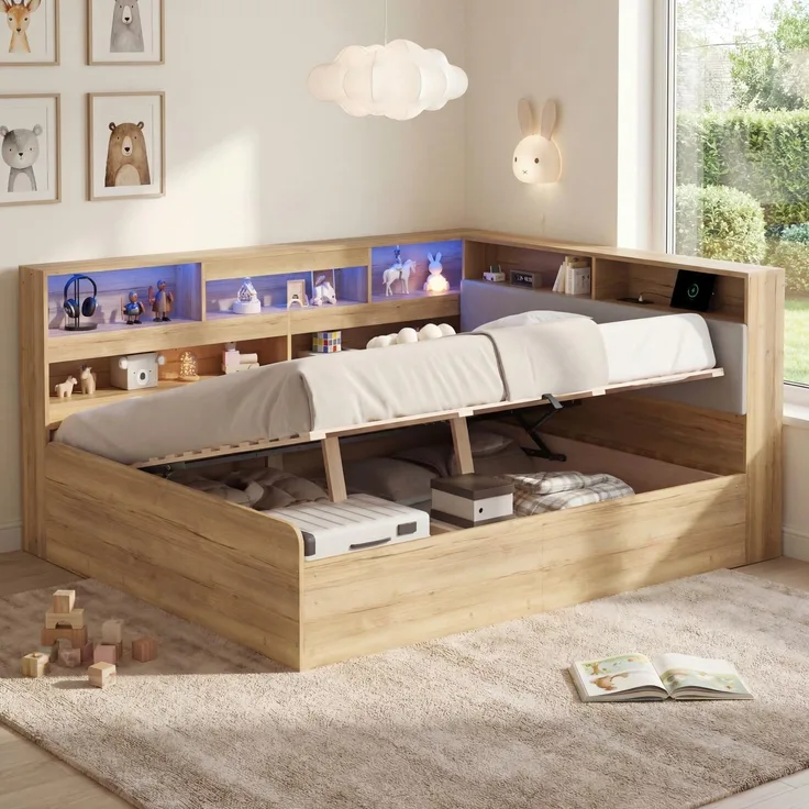 Merax Kinderbett 140x200 cm, Holzbett, Jugendbett, Daybett, Hydraulisches Stauraumbett, mit USB-Ladestation und LED-Beleuchtung, Naturfarbe