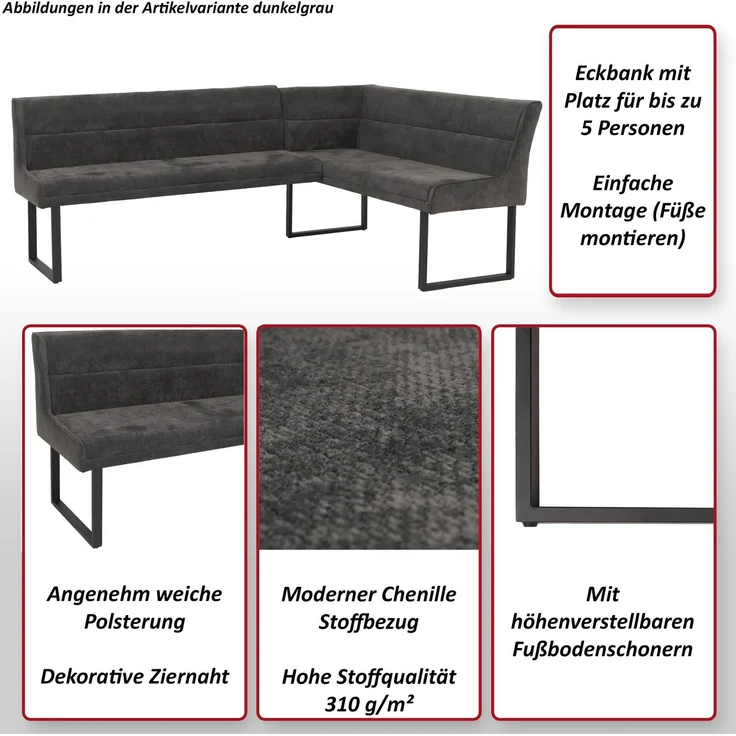 Eckbank HWC-O81, Esszimmerbank Bank, Öko-Tex (310g/m²) Chenille Stoff/Textil Metall 159x210 cm ~ senfgelb – Bild 2