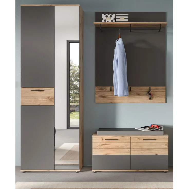 Garderobe Set 3-tlg. Tomaso in Eiche und grau 175 cm