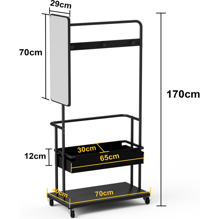 Faumrta Robuster Kleiderständer aus Metall mit Rollen, 3-in-1-Design mit Korb und Spiegel, Kleiderbügel, mobiler Kleiderständer mit Rollen, geräumiger Garderobenständer, Schwarz, 70*40*170cm70CM*40CM*170CMSchwarzParticle Board,Steel – Bild 8