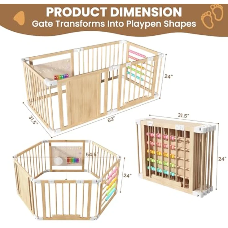 Laufstall Baby Holz mit Spielcenter – 160x80x61cm Verstellbare Größe & Form Laufgitter, Faltbarer Laufstall aus Holz, Spielzaun mit Tor für Babys und Kleinkinder(6 Stück) – Bild 3