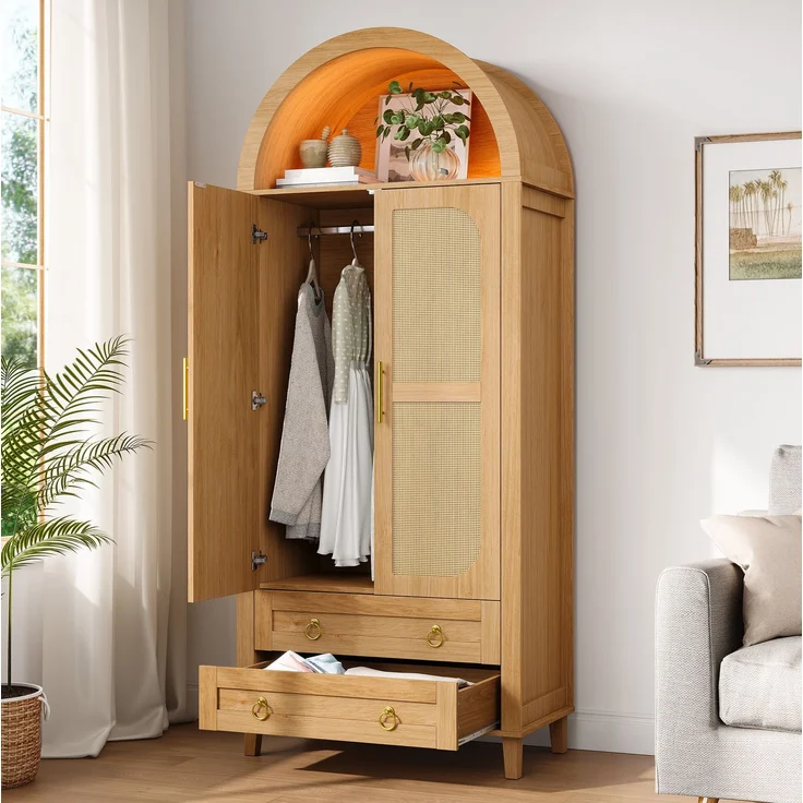 Kleiderschrank 76 x 50 x 184 cm in Natur mit Rattan-Dekor und App-gesteuerter LED-Beleuchtung – Bild 7