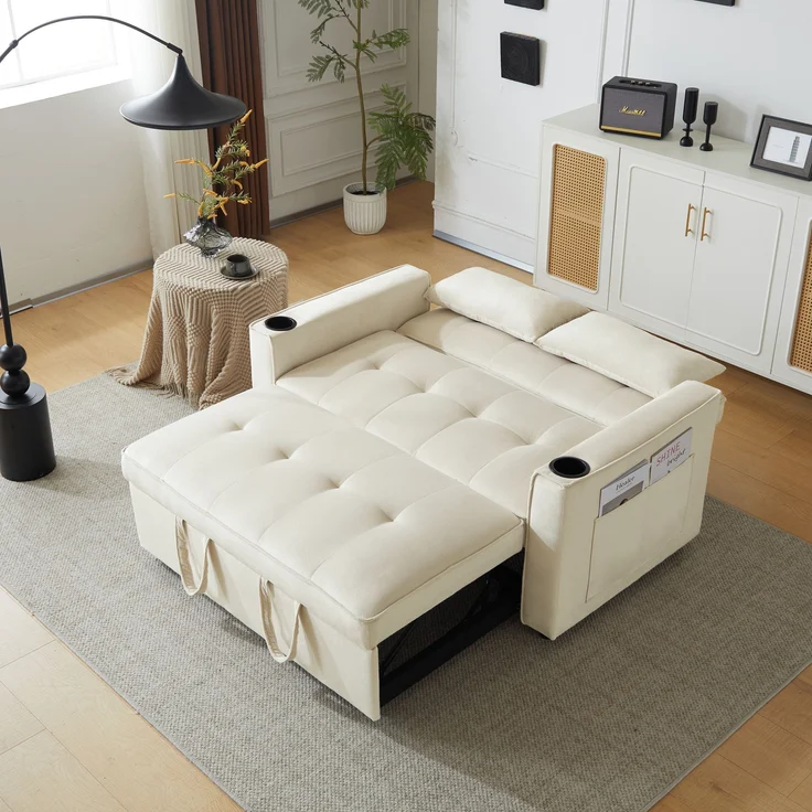 Multifunktions-Schlafsofa Samt Beige, 3-fach verstellbar mit Getränkehalter, 137x76,5x83 cm – Bild 2