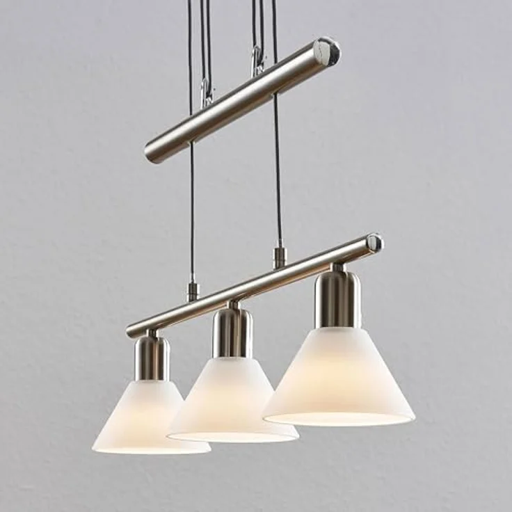 Lindby Pendellampe Delira, 3-flg., nickel, höhenverstellbar mit weißen Glasschirmen – Bild 7