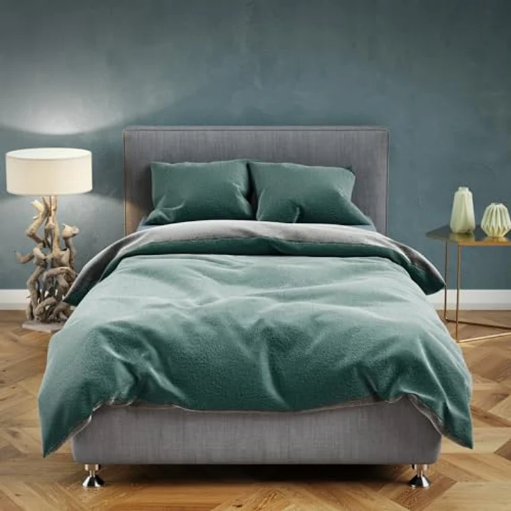 Moderne Plüschbettwäsche mit Reißverschluss - einfarbig, wendbar & warmhaltend Grün 155x220cm + 80x80cm Kissenbezug – Bild 7
