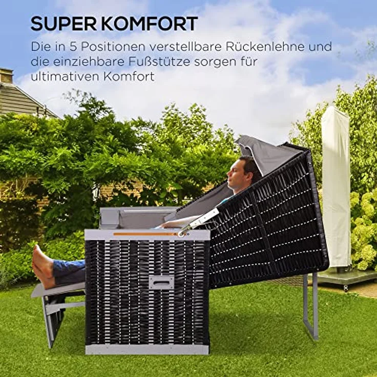 Outsunny Gartenliege, Grau, Kunststoff, 79x150x118 cm, mit verstellbarer Rückenlehne und zwei Klapptischen – Bild 4