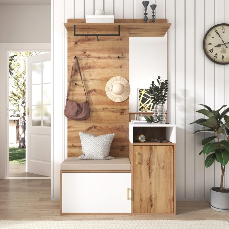 Garderobe Schuhschrank Flurmöbel 105 cm Weiß Holz - Mit Spiegel, Sitzbank, Haken & Stange, höhenverstellbar – Bild 2