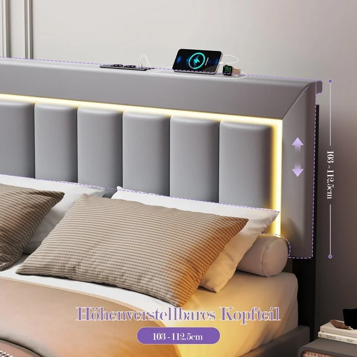 oyajia Polsterbett Bett Kinderbett Polsterbet Gästebett (Mit Lattenrost,PU-Leder material Polsterbett,Kinderbett, Kopfteil hochstellbar), mit LED-Beleuchtung, Ladefunktion,App/Fernbedienung – Bild 2