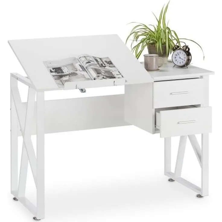 Relaxdays Schreibtisch neigbar, verstellbare Arbeitsfläche, weiß, 75 x 110 x 55 cm