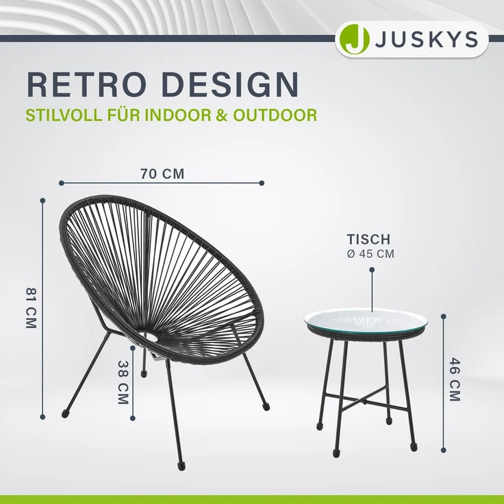 Juskys 'Ostana' Balkonmöbel Set, 3-teilig, Tisch + 2x Sessel, Polyrattan, Schwarz – Bild 7