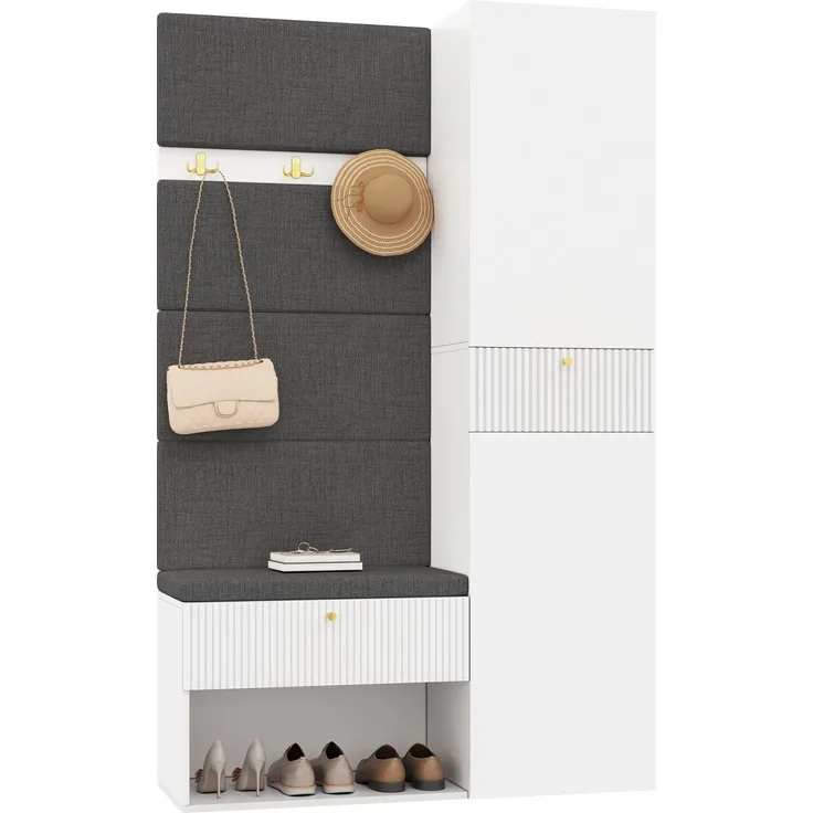 Flieks Garderobe 110 x 38 x 179.5 cm mit gepolsterter Sitzbank, Schuhablage, Garderobenpaneel, Haken und Stauraum, Weiß