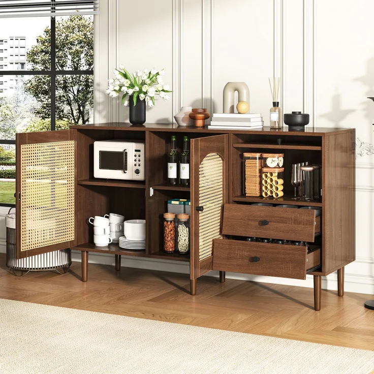Abrihome Sideboard im Landhausstil mit Rattantüren, Braun, 75x40x130 cm – Bild 2