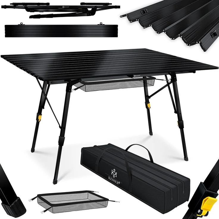 KESSER® Campingtisch faltbar Klapptisch mit Aluminiumrahmen Aufrollbare Tischplatte Falttisch klappbar höhenverstellbar inkl. Tragetasche mit Trageband & Netztasche Schwarz (120 x 70cm) – Bild 1