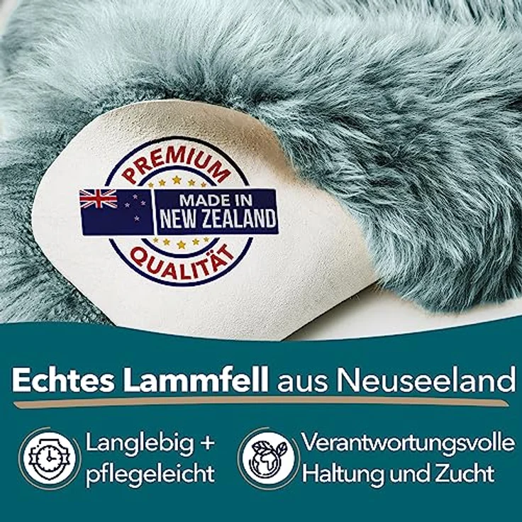 KARAT Lammfell echt - Duck Egg Flauschige Stuhlkissen Schaffell Deko Teppich für Wohzimmer & Kinderzimmer, Sitzauflage, Dekofell, mit Lederrücken 90x60 cm (Audrey) – Bild 3