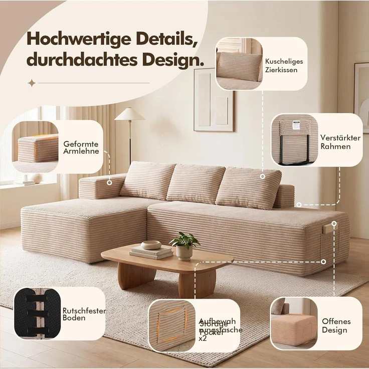 COMHOMA Ecksofa mit Schlaffunktion, 228cm Corduroy Modulares Boneless Couch mit Chaiselongue & Rücken-Metallgestell, L-Form Schlafsofa mit offenem Design, Kissen & Seitentaschen,für Wohnzimmer, Beige-R – Bild 8