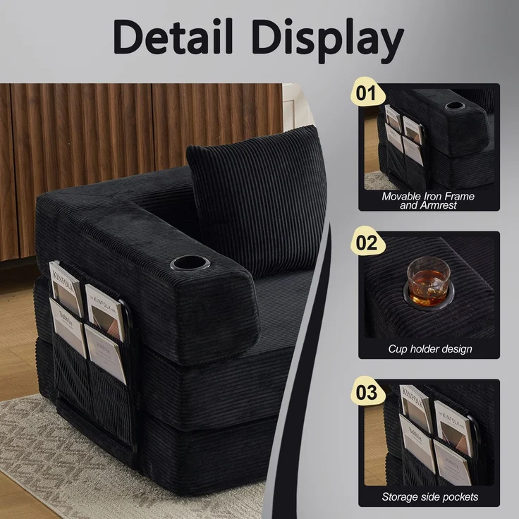 Klappbares Bodenschlafsofa mit Getränkehaltern und Seitentaschen, faltbare Cord-Futoncouch ohne Montage für Wohn- und Gästezimmer, Schwarz – Bild 5