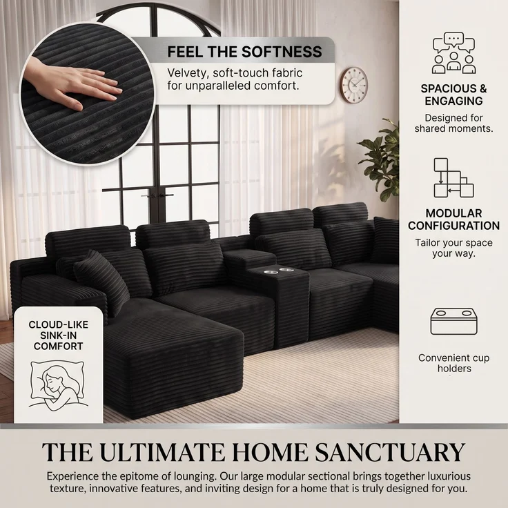 ZUBALIYA Boneless Compression Sofa, U-förmiges modulares Sofa mit integrierten Becherhaltern, Schwarz, 372 x 151 x 80 cm – Bild 16