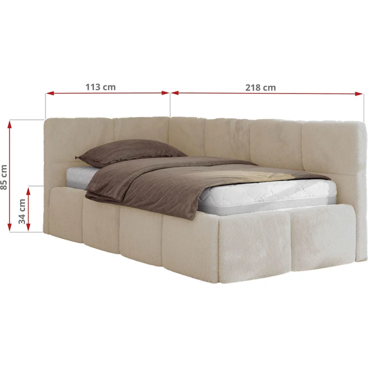Jugendbett 90x200 ARVO Polsterbett mit Bettkasten, Stauraum & Gasdruckfeder, Modernes Design mit Kopfteil, Foam Matratze - Creme Plüsch - MIRO LUX - Links Seite – Bild 3
