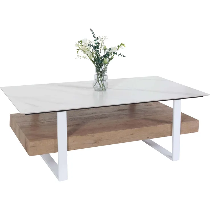 Couchtisch HWC-L88, Wohnzimmertisch Tisch, Ablage Eisen 43x120x60cm Sinterstein Marmor-Optik weiß Holz natur