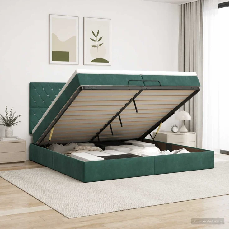 vidaXL Ottoman-Bett mit Matratze und LED Dunkelgrün 200 x 200 cm Samt 3458256 – Bild 1