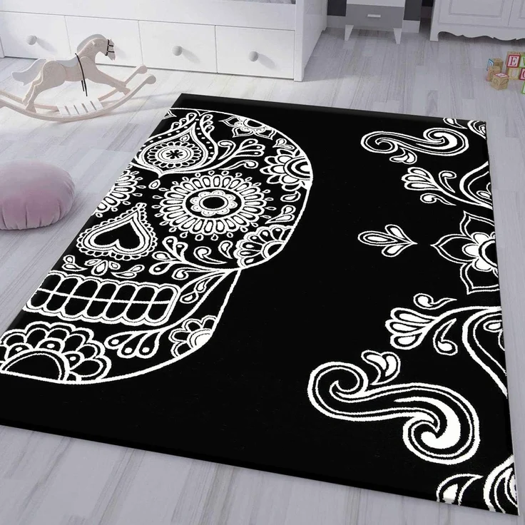 Vimoda Teppich Teppich Jugendzimmer Schlafzimmer Schwarz, Rechteckig, Höhe: 11 mm, Läufer Schwarz Skull Totenkopf Motiv
