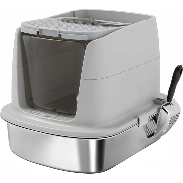 Geschlossene Katzentoilette aus Edelstahl mit Schaufel, 52,4x41,3x39,8 cm, Hellgrau