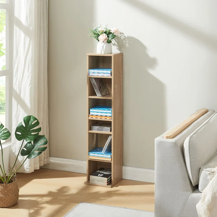 CD Regal Tynset 90x20x20 cm mit 6 Fächern Sonoma-Eichenoptik [en. casa] – Bild 1