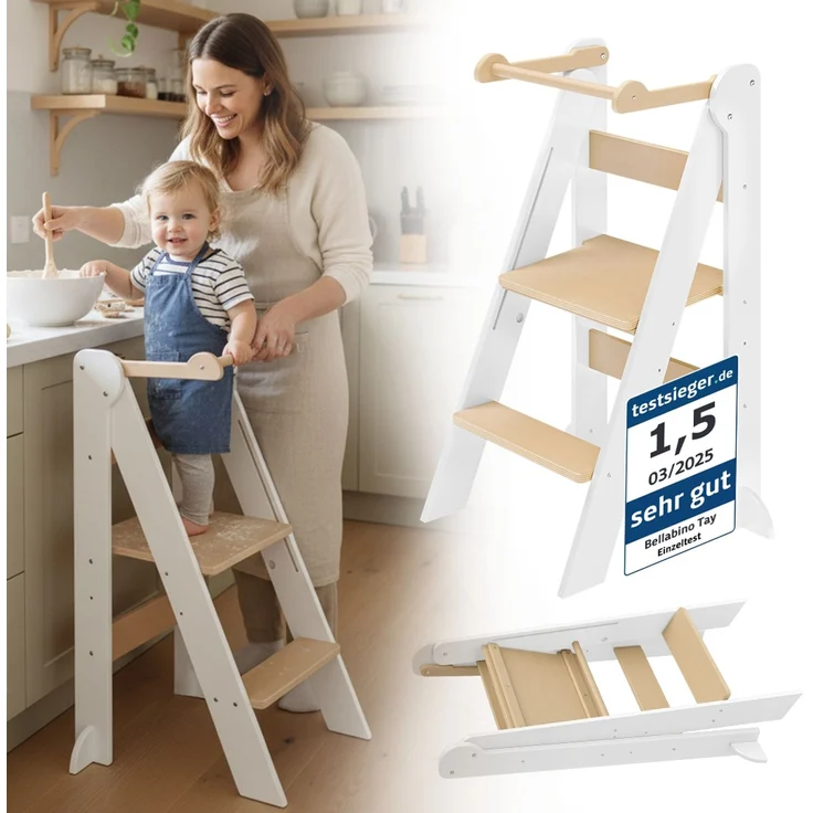 Bellabino 'Tay' Lernturm für Kinder ab 1 Jahr, Tritt 2-fach höhenverstellbar, weiß/natur, Birke Sperrholz, klappbar, Tritthocker bis 50 kg belastbar – Bild 1