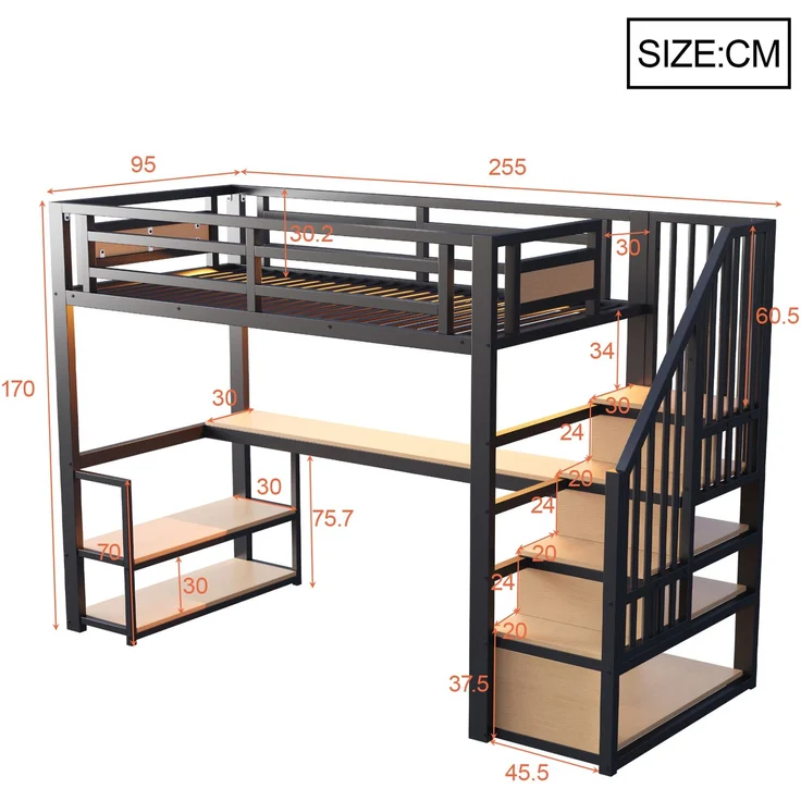 EINHOM 90 x 200 Cmmetall-Hochbett, mit LED-Lichtleiste und Ladeanschluss, mit Aufbewahrungsleiter, Regalen und Tisch, Sicherheitszaun-Design, Hohes Eisenrahmenbett mit Metallrahmen für Stabile Unterstützung, Schwarz (Ohne Matratze) – Bild 2