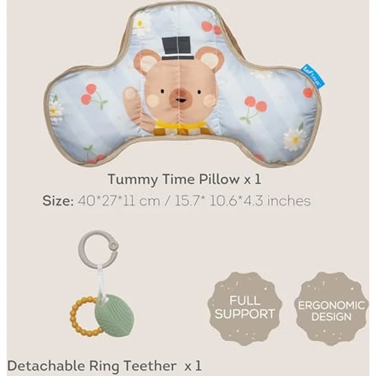 Tummy Time Babykissen Bär – Bauchmuskelkissen mit 2 abnehmbaren Spielzeugen – Entwicklung der motorischen Fähigkeiten und Nackenmuskeln – ab der Geburt – 40 x 27 x 11 cm – 13715 – Bild 3