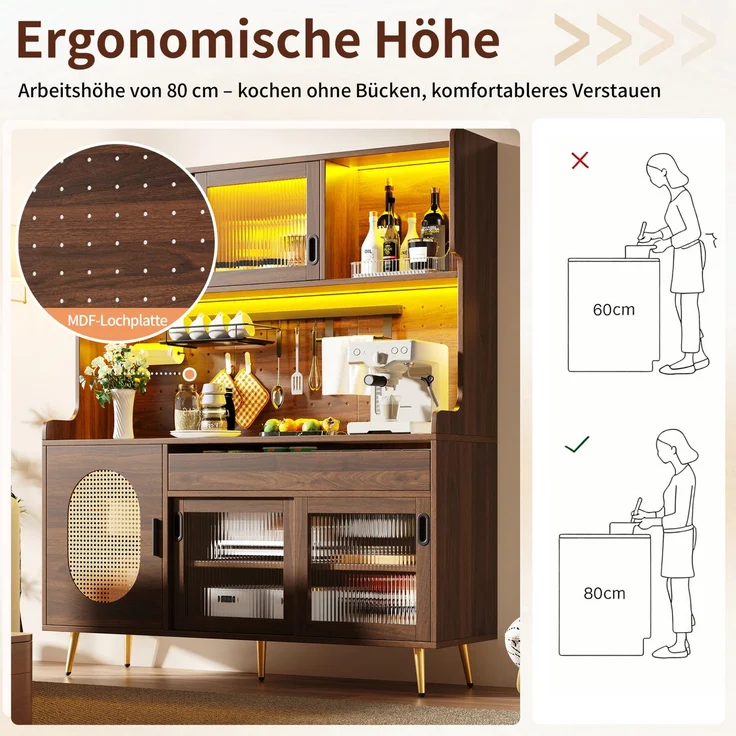 Buffetschrank aus MDF mit LED-Lichtleiste, Schubladen & Lochplatte, 145x39x171 cm, Braun – Bild 5