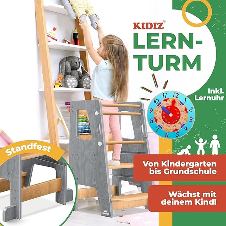 KIDIZ® Lernturm für Kinder ab 1 Jahr inkl. Lernuhr, 3-stufig Höhenverstellbarer Tritthocker aus Kiefernholz, spielerisch motorische Fähigkeiten fördern, Montessori Learning Tower, bis 50 kg belastbar, Grau / Hellbraun, 90 x 40 x 44 cm – Bild 2
