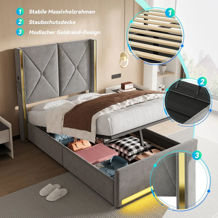 TavilaEcon Boxspringbett Veloursbett mit hohem Kopfteil, Seitentaschen & USB grau Liegefläche 90 × 200 cm – Bild 10