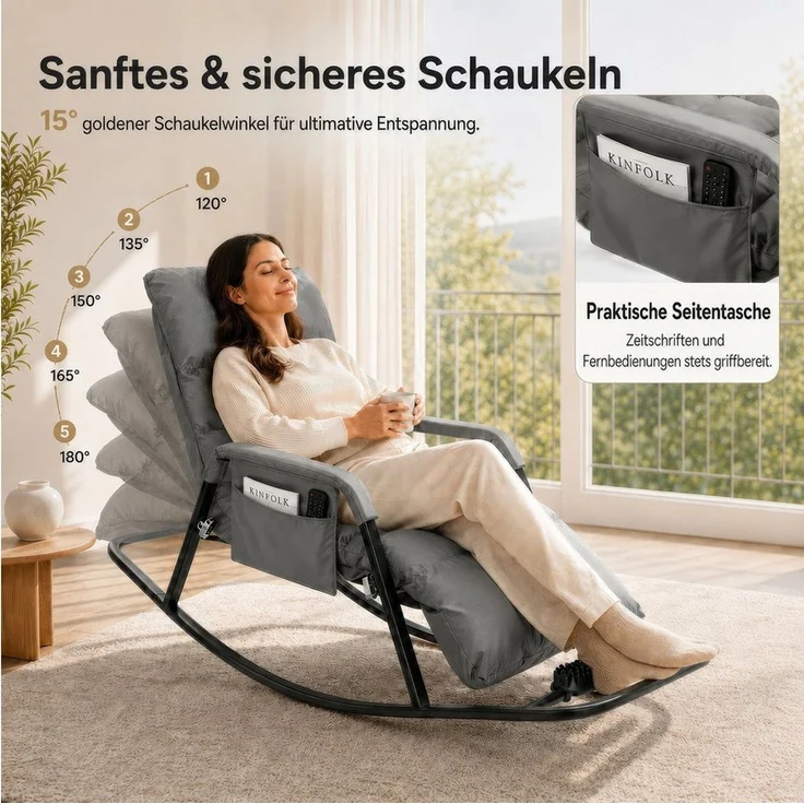 BlingBin Schaukelstuhl Liegestuhl 5-fach verstellbar bis 180° Neigung Mit Massagefußstütze (1er Set, 1 St), hoher Rückenlehne als Lesesessel für Wohnzimmer und Schlafzimmer – Bild 4