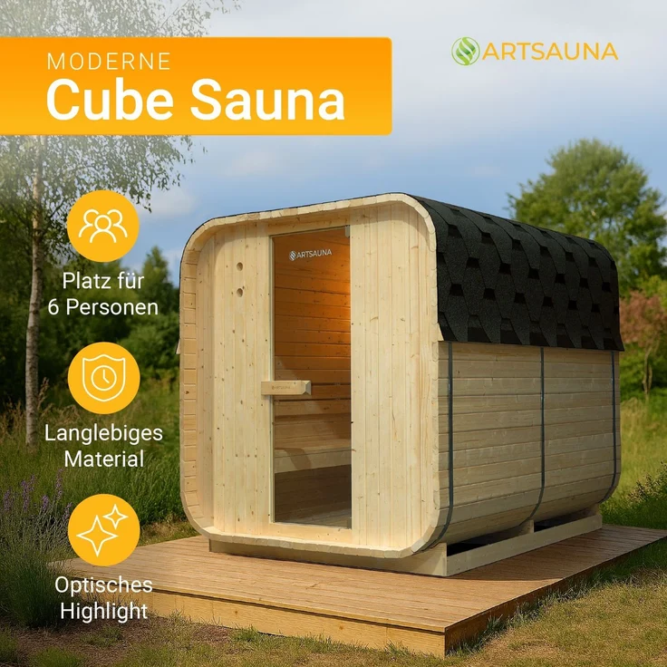 Artsauna Fasssauna Nolvik XL, Outdoor-Sauna aus Fichtenholz, 8 kW Ofen, LED, Komplettset mit Sanduhr, Eimer & Thermometer, winterfest, Cube Design – Bild 2