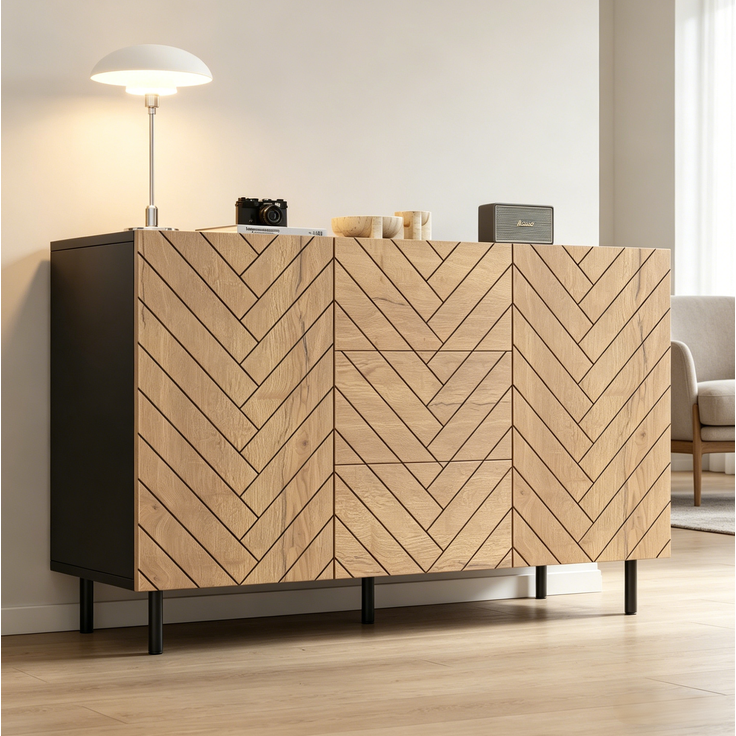DESVIAE Sideboard mit 3 Schubladen und 2 Schränken 120x76x40 cm Spanplatte Holzoptik Schwarz – Bild 3
