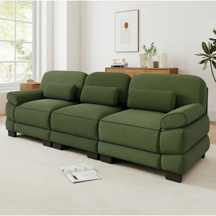 3-Sitzer-Modulsofa 265x88,5x94 cm aus grünem Cord mit Lendenkissen – Bild 2