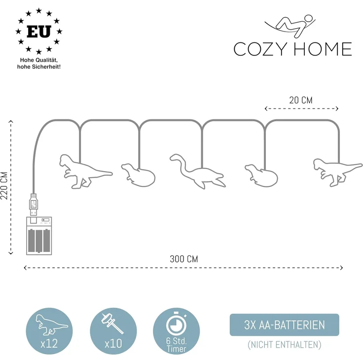 COZY HOME LED-Lichterkette Dino Lichterkette Batterie und Stecker -, 12 LED Figures I Warmweißes LED-Licht I Dino Design I EU-Konformität – Bild 4