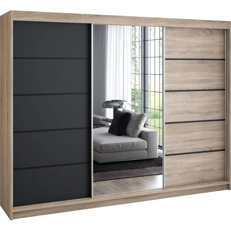 A&J MöbelLand 'Viluno 2' Schwebetürenschrank mit 4 Schubladen und Spiegel, Spanplatte, 215 x 59,5 x 200 cm, Schwarz / Natur / Natur – Bild 1