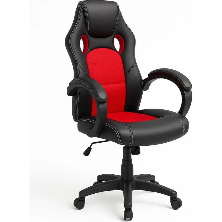 BAKAJI Sportlicher Bürostuhl, Drehstuhl, Bürostuhl, 4 Rollen, 360 ° drehbar, Modell Racer Gaming Extra Luxus Kunstleder Schwarz und Stoff (Rot)